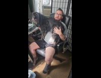 Dog on lap of man on office chair
