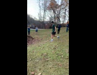 Guy belly flop on pile of leaves
