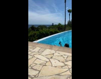 Lady inside pool takes photos of her drink on edge of water 