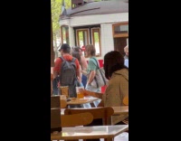 Collab IITW - Fashionable Lady Takes Selfies on Busy Sidewalk 