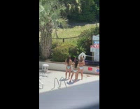 Three woman bikini dance tiktok swimming pool