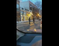 Guy black thick jacket street morning car