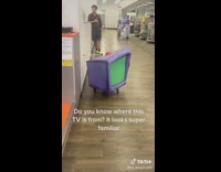 Sculpture of retro cartoon purple television 