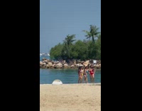 Four girls power rangers color bikini beach