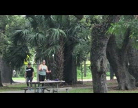 Blue shirt lady rollerblades park sidewalk pt. 2