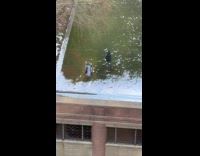 Man play golf on building rooftop snow