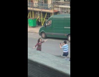 Blue white striped shirt guy lady dress 