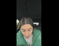 Girl shows food in car spills sauce on herself 