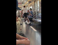 Guy does front flip cartwheel spins and dances on pole to gangnam style on subway train