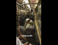 Guy white hat has iguana sitting on his shoulder on subway train