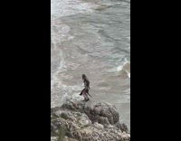 Lady Poses on Top of Rock at Beach