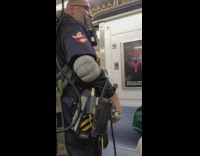 Man wear halloween costume inside train subway 