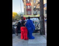 Collab WINY - Elmo and cookie monster wear suit on street
