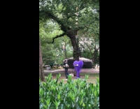 Monoeye purple heart mascot walk at park