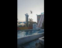 Guy slides down tall water slide on belly, frontflips and dives into swimming pool