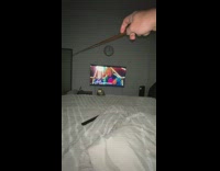 Cat falls off bed while playing with guy 