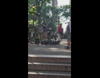 Woman with lots of pigeons around park