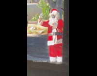 Face mask santa costume selfie outside window