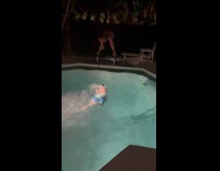 Boy stands on pool handrails fell down