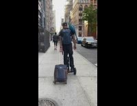 Guy on hoverboard carries luggage and pet bird on shoulder 