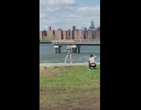 Woman shiny disco ball costume dance river