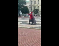 White bird mask grey cape girl courtyard 