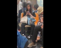 Woman rides train dog head out bag