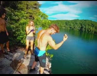 Guy throws rock front flip lake water 