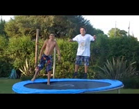 Collab scorpionmasters - Boy does a frontflip on outdoor trampoline, bounces off onto grass and scorpions 