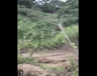 Guy on motorcycle drifts on turn dirt trail