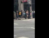 Girl pretends to play violin dances sidewalk