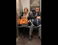 Collab Subway Creatures - Woman wearing plaid scarf on a subway sleeping and flailing her hands up and down