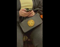 Woman with cookie design on handbag subway