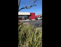 Guy does a wheelie on his motorcycle in a parking lot and crashes into motorcycle store wall