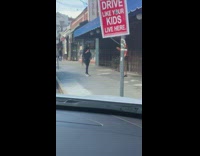Woman stripes brown dress walk model sidewalk Part 2