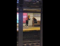 Woman ginger curly hair flip bench subway