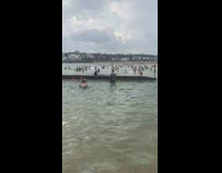 Guy dancing in middle of beach crowd back