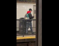 Guy walking carries rabbit in pet carrier