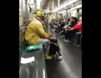 Man yellow hat jacket goes through backpack with iguana sitting on top of head on subway train
