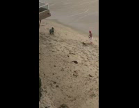 Man shirtless jogs with pet dog at the beach