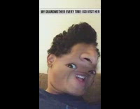 Guy pretends to be his grandma, big nose on forehead filter