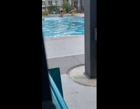 Woman bikini dress walk pool stairs shoot