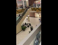 Girl looking over railing of mall says material girl when music stops
