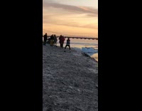 Guy raps and dances next to icebergs. shaky and far