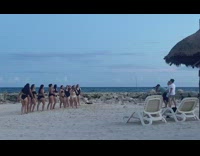 Women group bikini Bachelorette Jump shot beach