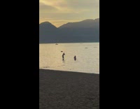 Woman in a bikini swims and flexes butt at the beach at sunset