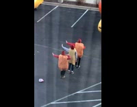 Three women hotdog costume Christmas dance parking lot