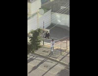 Two men black and white fence railings rose bushes
