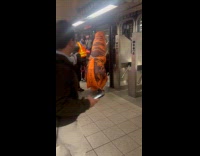 Inflatable dinosaur costume enter subway station gate