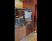 Bagel is launched across counter after it hits saw belt